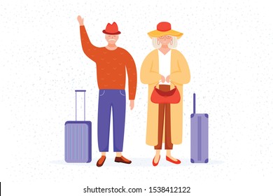 Retired people flat vector illustration. Senior age travelers. Old couple with suitcases going to vacation. Traveling pensioners cartoon characters