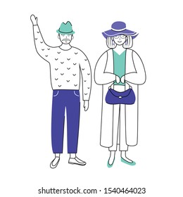 Retired people flat vector illustration. Senior age family. Elderly man waving. Old couple in outerwear. Pensioners isolated cartoon characters with outline elements on white background