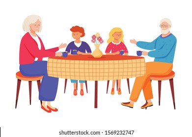 Retired people flat vector illustration. Children came to visit elderly relatives. Family pastime in dining room. Grandparents drink tea with kids cartoon characters