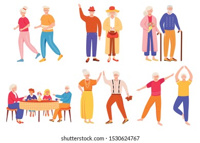 Retired people flat vector illustrations set. Senior age family romantic pastime. Healthy lifestyle. Old couple spends time together. Pensioners isolated cartoon characters