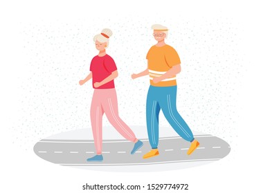 Retired people training flat vector illustration. Physical activity. Healthy lifestyle. Old couple in tracksuits are running outdoor. Active pensioners cartoon characters