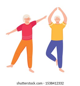 Retired people training flat vector illustration. Physical exercise. Healthy lifestyle. Old couple spends time together. Pensioners are doing yoga cartoon isolated characters on white background