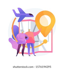 Retired people travel. Pensioners vacation, elderly couple trip, old age active lifestyle. Senile spouses planning journey route, choosing destination. Vector isolated concept metaphor illustration
