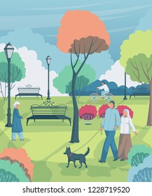 Retired people walking in the city park. Landscape with trees, bushes, benches, lanterns. Vector illustration 