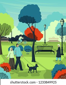 Retired people walking in the city park. Landscape with trees, bushes, benches, lanterns. Vector illustration 