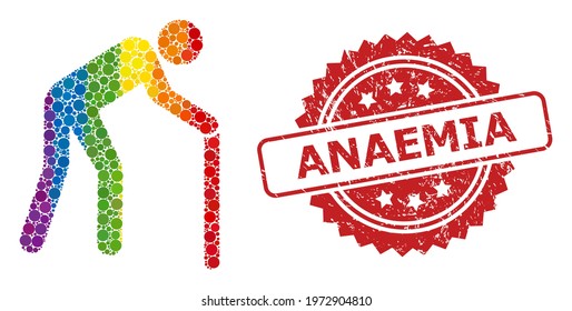 Retired person mosaic icon of filled circle dots in various sizes and spectrum colored color hues, and Anaemia textured rosette stamp seal. A dotted LGBT-colored Retired person for lesbians, gays,
