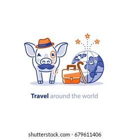 Retired pig with mustache traveling around the world, tourism services, tour package, vacation destination vector illustration