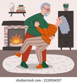 Retired senior couple dancing together in the living room. Old lady and gentleman dancing romantically. Grandpa does dance support, grandma arches back. Stylized vector hand drawn illustration.