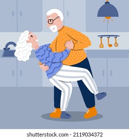 Retired Senior Couple Dancing Together In The Cozy Kitchen. Old Lady And Gentleman Dancing Romantically. Grandpa Does Dance Support, Grandma Arches Back. Stylized Vector Hand Drawn Illustration.