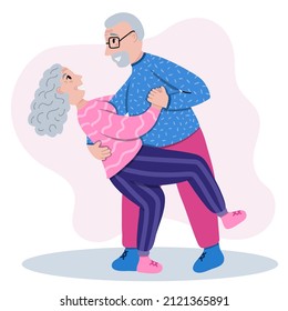 Retired Senior Couple Dancing Together In The Living Room. Old Lady And Gentleman Dancing Romantically. Grandpa Does Dance Support, Grandma Arches Back. Stylized Vector Hand Drawn Illustration.