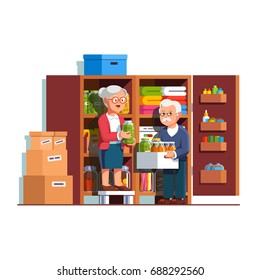 Retired senior family couple people working together putting food preserves, pickle jars &  bottles on home pantry or cellar cupboard shelves. Storage room boxes. Flat cartoon vector illustration.