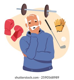 Retired senior man cartoon character selecting sport training hobby for health and body care scene. Elderly grandparent choosing boxing activity, bodybuilding at gym or golf game vector illustration