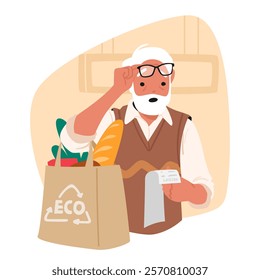 Retired senior man customer cartoon character feeling shock and upset looking at shopping receipt with expensive purchases vector illustration. Unhappy frustrated male retiree went over budget