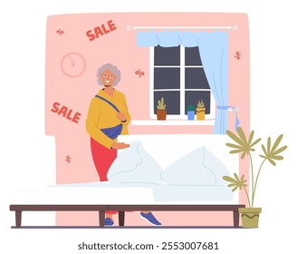 Personagem de desenho animado de cliente idosa aposentada selecionando nova cama para o quarto de casa na cena da loja. Escolha variedade e mobiliário venda marketing comercial oferta promoção vetor ilustração