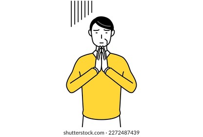 Retired seniors, middle-aged man, apologizing with her hands in front of her body, Vector Illustration