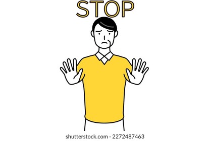 Retired seniors, middle-aged man, with her hand out in front of her body, signaling a stop, Vector Illustration