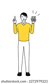 Retired seniors, middle-aged man, holding a calculator and pointing.