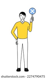 Retired seniors, middle-aged man, holding a bar of buts indicating incorrect answers.