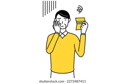 Retired seniors, middle-aged man, looking at her bankbook and feeling depressed, Vector Illustration