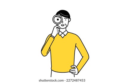 Retired seniors, middle-aged man, looking through magnifying glasses, Vector Illustration