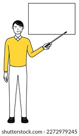 Retired seniors, middle-aged man, pointing at a whiteboard with an indicator stick.