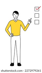 Retired seniors, middle-aged man, pointing to a checklist.