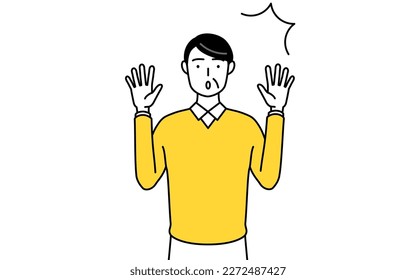 Retired seniors, middle-aged man, raising her hand in surprise, Vector Illustration