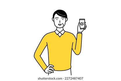 Retired seniors, middle-aged man, using a smartphone at work, Vector Illustration