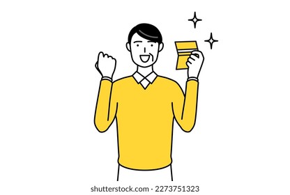 Retired seniors, middle-aged man, who is pleased to see a bankbook, Vector Illustration