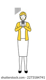 Retired seniors, middle-aged woman, apologizing with her hands in front of her body, Vector Illustration