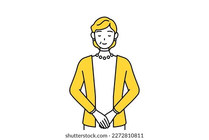 Retired seniors, middle-aged woman, bowing with folded hands, Vector Illustration