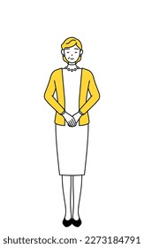 Retired seniors, middle-aged woman, bowing with folded hands, Vector Illustration