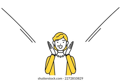 Retired seniors  middle  aged woman  calling out and her hand over her mouth  Vector Illustration