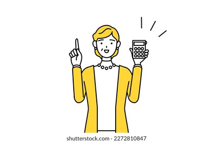 Retired seniors, middle-aged woman, holding a calculator and pointing, Vector Illustration