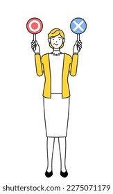 Retired seniors, middle-aged woman, holding a stick indicating correct and incorrect answers, Vector Illustration