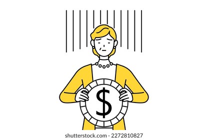 Retired seniors, middle-aged woman, an image of exchange loss or dollar depreciation, Vector Illustration