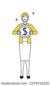 Retired seniors, middle-aged woman, with images of foreign exchange gains and dollar appreciation, Vector Illustration
