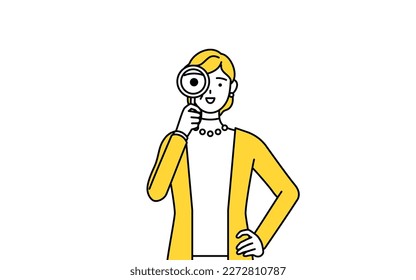 Retired seniors, middle-aged woman, looking through magnifying glasses, Vector Illustration