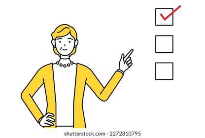 Retired seniors, middle-aged woman, pointing to a checklist, Vector Illustration