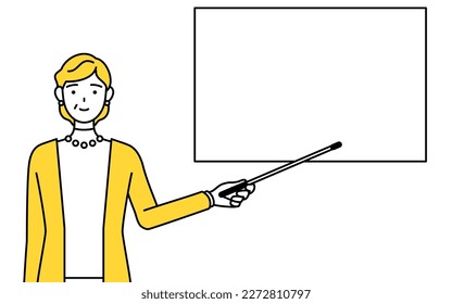 Retired seniors, middle-aged woman, pointing at a whiteboard with an indicator stick, Vector Illustration