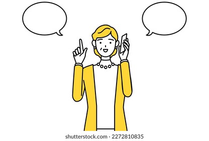 Retired seniors, middle-aged woman, pointing while on the phone, Vector Illustration