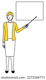 Retired seniors, middle-aged woman, pointing at a whiteboard with an indicator stick, Vector Illustration