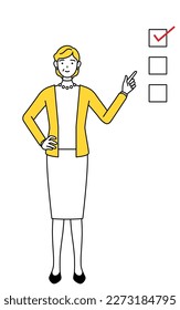 Retired seniors, middle-aged woman, pointing to a checklist, Vector Illustration