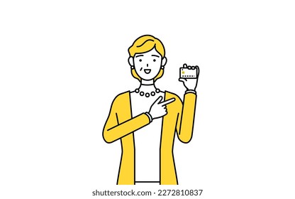 Retired seniors, middle-aged woman, recommending credit card payment, Vector Illustration