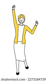 Retired seniors, middle-aged woman, smiling and jumping, Vector Illustration
