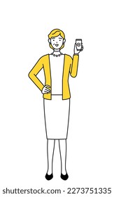 Retired seniors, middle-aged woman, using a smartphone at work, Vector Illustration