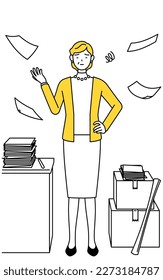 Retired seniors, middle-aged woman, who is fed up with her unorganized business, Vector Illustration