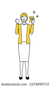 Retired seniors, middle-aged woman, who is pleased to see a bankbook, Vector Illustration