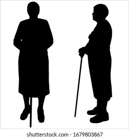 Retired. Vector illustration female silhouette, senior citizens. Two grandmothers lean their hands on sticks. Black silhouette isolated on a white background. Side view: profile, front view: full face