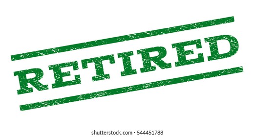 Retired watermark stamp. Text caption between parallel lines with grunge design style. Rubber seal stamp with scratched texture. Vector green color ink imprint on a white background.